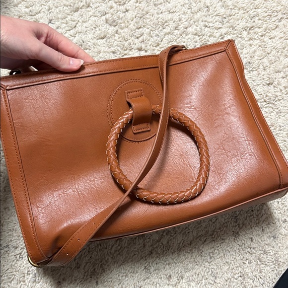 Brown Woven Leather Handbag Convertible Ring Handle Purse Boho - Picture 4 of 6